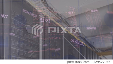 Image of multiple changing numbers and data processing against computer server room Image of multiple changing numbers and data processing against computer server room 129577946