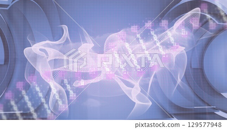 Image of financial data processing over dna strand and white shapes Image of financial data processing over dna strand and white shapes 129577948