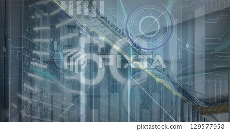 Image of 5g text with graphs and charts processing data over computer server room 129577958