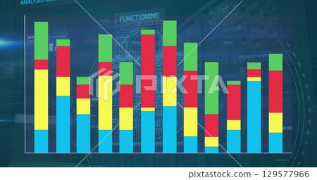 Image of data processing over digital padlock on blue background 129577966