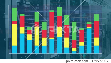 Image of colourful graph and data processing over computer server room 129577967