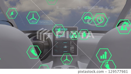 Image of icons and data processing over car interior Image of icons and data processing over car interior 129577981