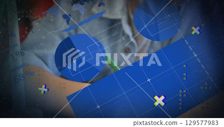 Image of financial data processing over caucasian schoolboy Image of financial data processing over caucasian schoolboy 129577983