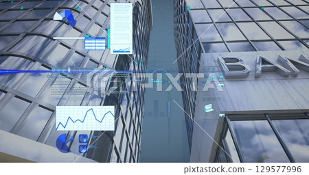 Image of statistical data processing against tall buildings 129577996