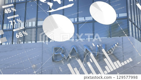 Image of statistical data processing against tall bank building 129577998