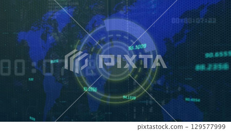 Image of scope scanning over data processing and world map 129577999