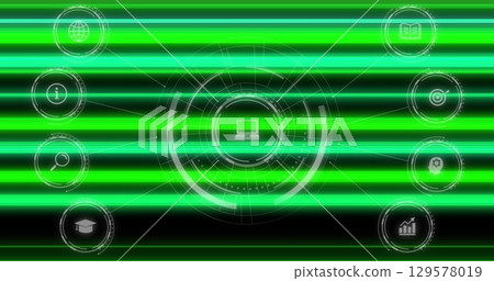Image of media icons and neon lines over black background 129578019