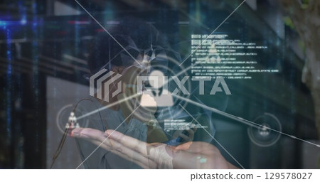 Image of network of connections with globe and data over woman using smartphone 129578027