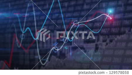 Image of financial data processing with graph on black background Image of financial data processing with graph on black background 129578038