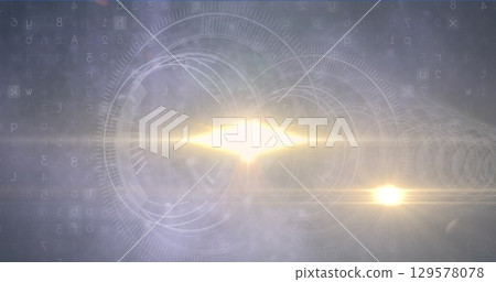 Radiating diamond light forming hologram on virtual plane, with HUD rings, code and flare streaks 129578078