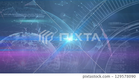 Image of pink and blue light trails over plexus networks and globe against blue background Image of pink and blue light trails over plexus networks and globe against blue background 129578090