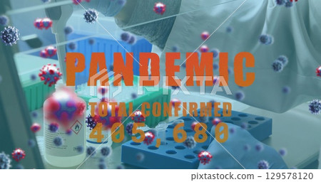 Image of virus cells and pandemic text over caucasian doctor 129578120