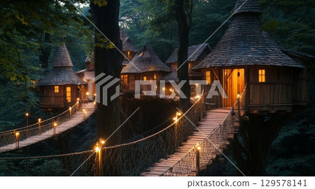 Enchanting treehouse village illuminated at twilight. Unique wooden structures blend with nature. A tranquil retreat for adventurers and dreamers. Generative AI 129578141