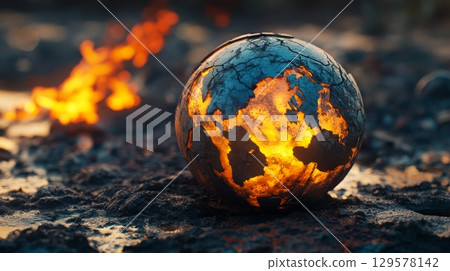 A globe illuminated with fiery colors represents a world in turmoil. This creative concept symbolizes the urgent call for action on climate change. Generative AI 129578142