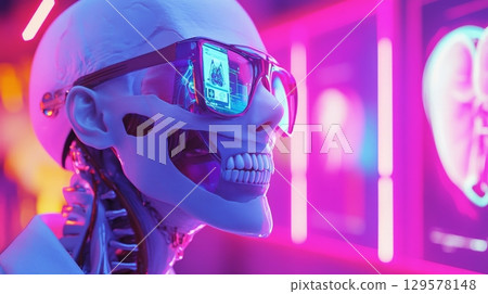 Futuristic robotic skeleton wearing stylish sunglasses. The vibrant colors enhance its sleek appearance. An artistic blend of technology and creativity. Generative AI. 129578148