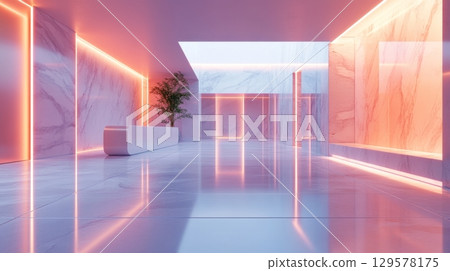 A modern interior space with glowing neon lights and sleek design. The mixture of shadows and vibrant colors creates a unique atmosphere. Perfect for futuristic concepts. Generative AI 129578175