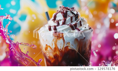 A delicious ice cream drink topped with whipped cream is showcased. Vibrant colors splash in the background. This image captures the essence of summer joy. Generative AI 129578176