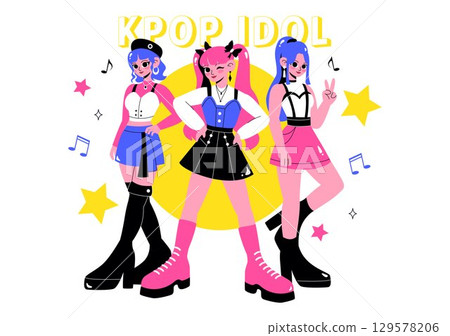 Idol Trend Vector Illustration Featuring K pop and Korean idols with bands that Popularize Certain Trends on Social Media in a Flat Style Background 129578206