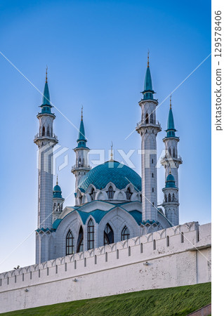 Kazan Kremlin and the Kul Sharif Mosque. Summer sunset, Russia. It is tourist attraction of Kazan. 129578406