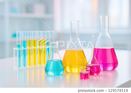 Colorful Laboratory Glassware With Cyan Yellow And Magenta Solutions, Chemistry Education Concept 129578519