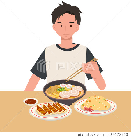 man enjoying ramen noodles with pork chashu gyoza dumplings and fried rice using chopsticks in a japanese restaurant setting 129578540