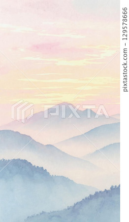 Soft sunrise or sunset over sea in watercolor painting style. Smartphone tablet mobile device background. Calming serene wonderful sky with pastel hues of light blue and pale pink gentle ocean waves. 129578666