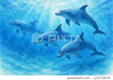 A group of dolphins swimming in the sunlit sea 129578676