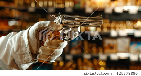Gun store worker holding revolver in firearms shop 129578886