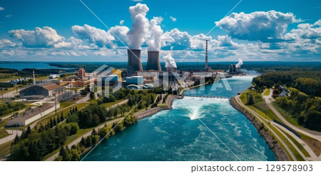 Nuclear power plant generating electricity and releasing steam into the atmosphere Nuclear power plant generating electricity and releasing steam into the atmosphere 129578903