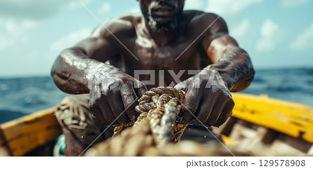 African fisherman pulling rope on traditional boat 129578908