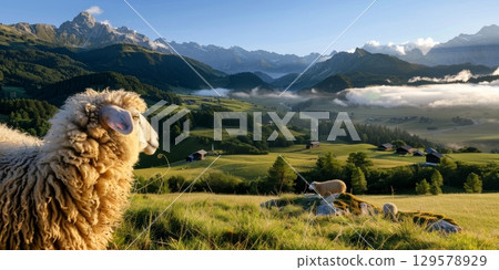 Sheep enjoying breathtaking alpine scenery in green meadow at sunrise Sheep enjoying breathtaking alpine scenery in green meadow at sunrise 129578929