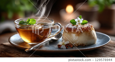 Steaming cup of tea with apple charlotte and candlelight creating cozy atmosphere 129578944