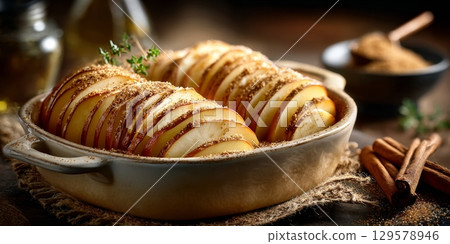Sliced apples baked with thyme and brown sugar in ceramic baking dish 129578946