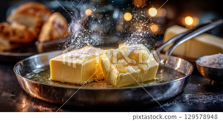 Preparation of apple charlotte with butter and sugar melting in a pan 129578948
