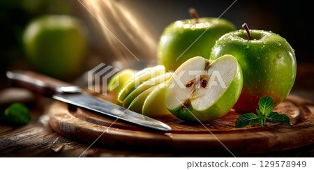 Sliced green apple on wooden cutting board with knife 129578949