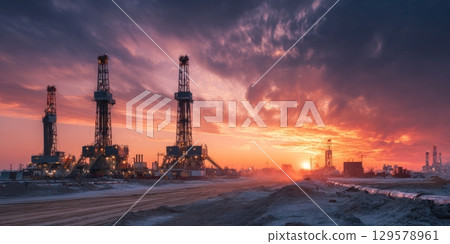 Shale oil production site with drilling rigs at sunset 129578961
