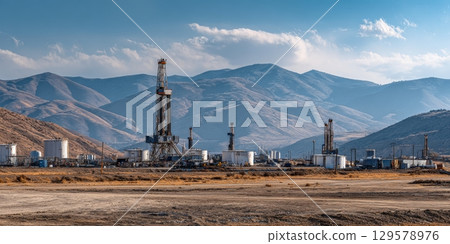 Shale oil production site with drilling rigs and storage tanks in mountainous landscape 129578976