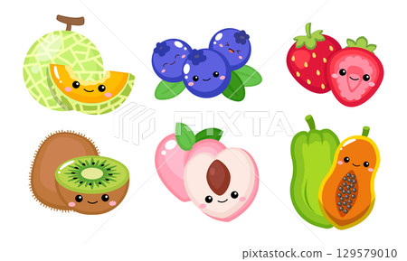Cute summer fruits collection clipart, melon, blueberry, strawberry, kiwi, peach, and papaya Cute summer fruits collection clipart, melon, blueberry, strawberry, kiwi, peach, and papaya 129579010