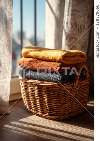 Towels in wicker basket by window 129579060