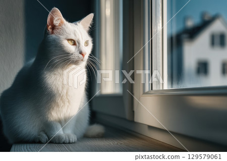 White cat sitting on windowsill 129579061