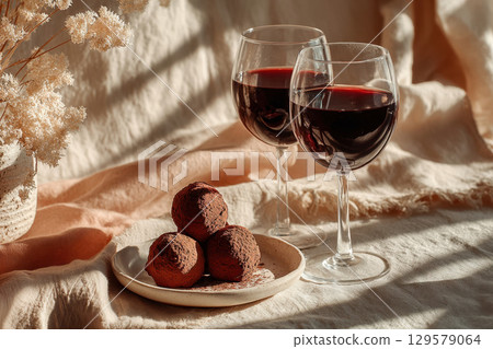Two glasses of red wine with chocolate truffles 129579064