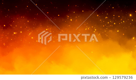 Fiery background with burning embers and sparks flying up, abstract hot blaze illustration, inferno concept with smoke, glowing particles on dark. Fiery background with burning embers and sparks flying up, abstract hot blaze illustration, inferno concept with smoke, glowing particles on dark. 129579236