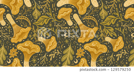 Vector seamless pattern with chanterelles and leaves on dark background. Autumn print in boho style Vector seamless pattern with chanterelles and leaves on dark background. Autumn print in boho style 129579250