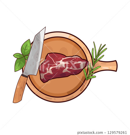 illustration of meat on a wooden cutting board alongside a knife and herbs 129579261