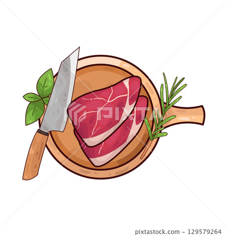 illustration of meat on a wooden cutting board alongside a knife and herbs illustration of meat on a wooden cutting board alongside a knife and herbs 129579264