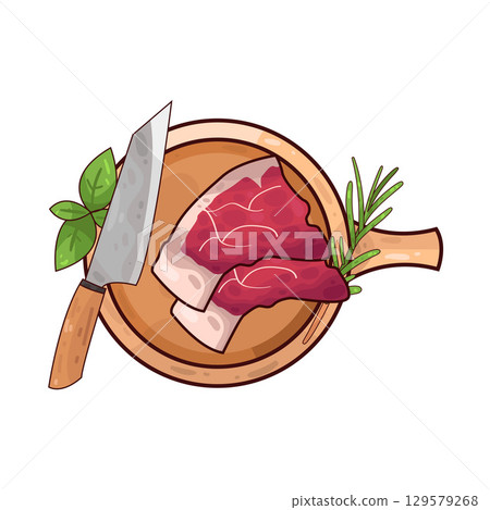 illustration of meat on a wooden cutting board alongside a knife and herbs 129579268