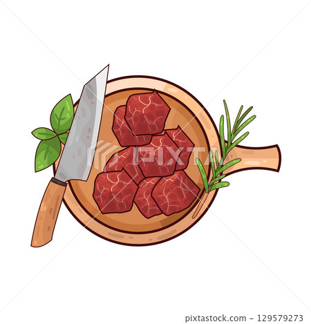 illustration of meat on a wooden cutting board alongside a knife and herbs 129579273