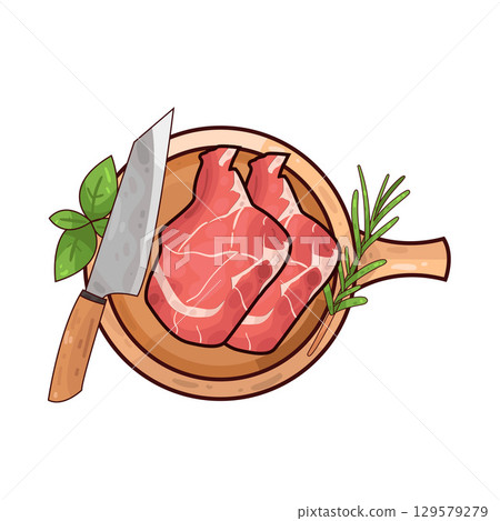 illustration of meat on a wooden cutting board alongside a knife and herbs 129579279