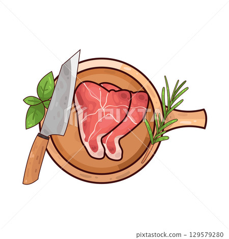 illustration of meat on a wooden cutting board alongside a knife and herbs illustration of meat on a wooden cutting board alongside a knife and herbs 129579280