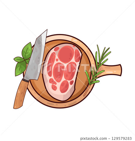 illustration of meat on a wooden cutting board alongside a knife and herbs illustration of meat on a wooden cutting board alongside a knife and herbs 129579283